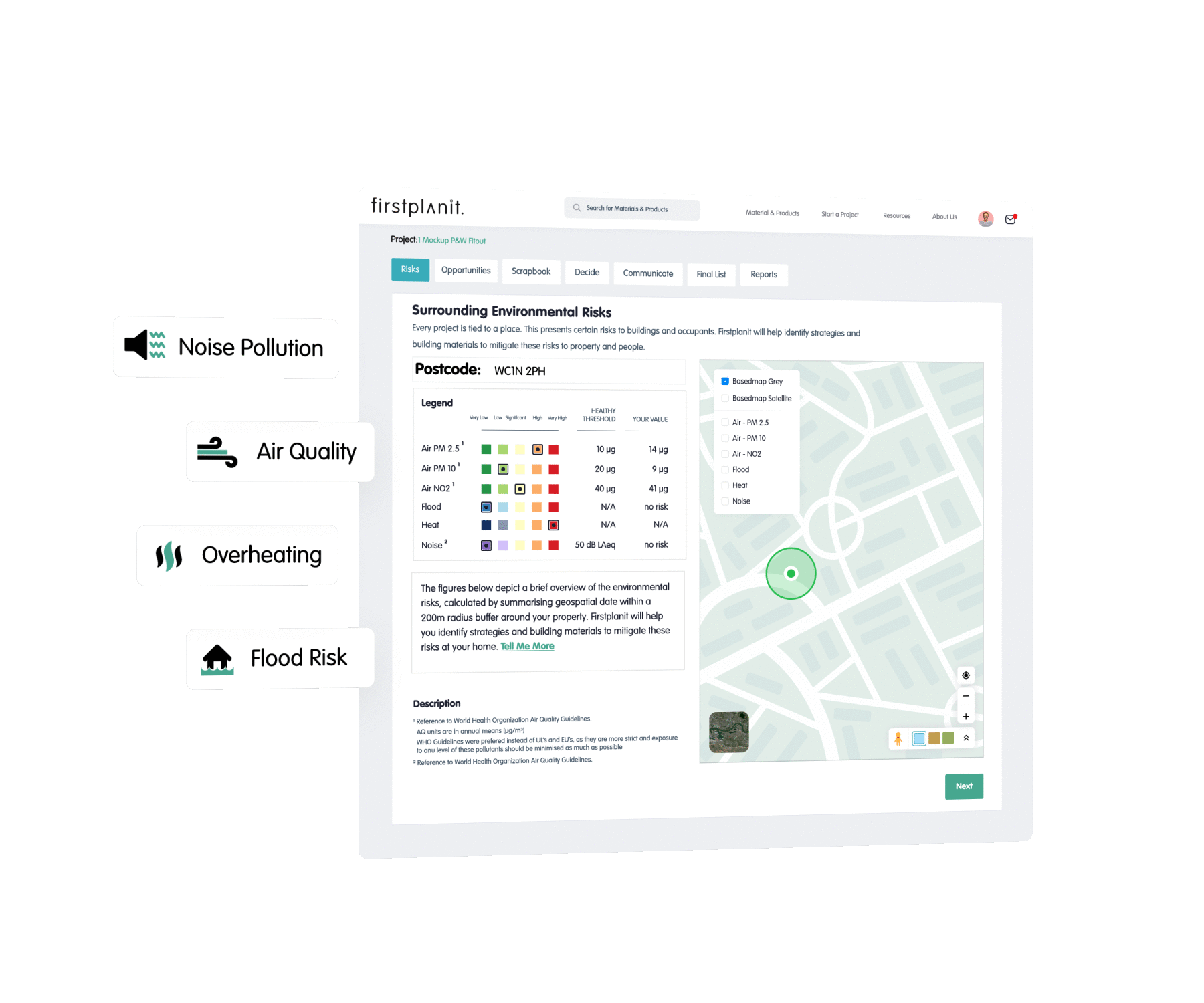 Assess the environmental risks of a location on occupants and buildings through Firstplanit GIS Risk Maps