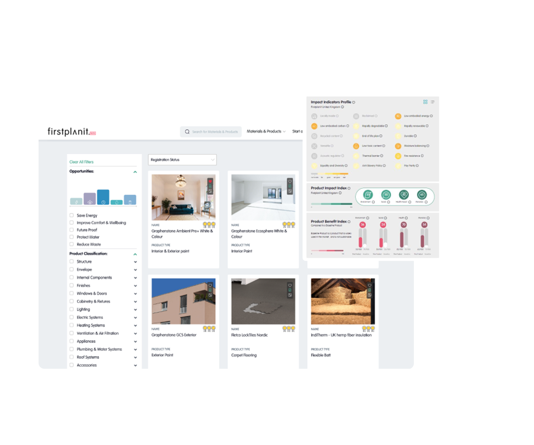 Thousands  of independently evaluated sustainable materials and products against environmental, health, performance, and financial criteria in Firstplanit Material Library